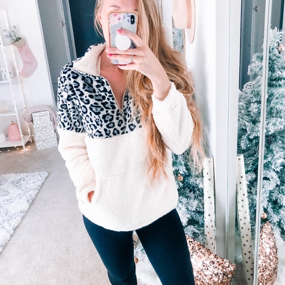 White Gray Sherpa Leopard Pullover - Picture 8 of 8